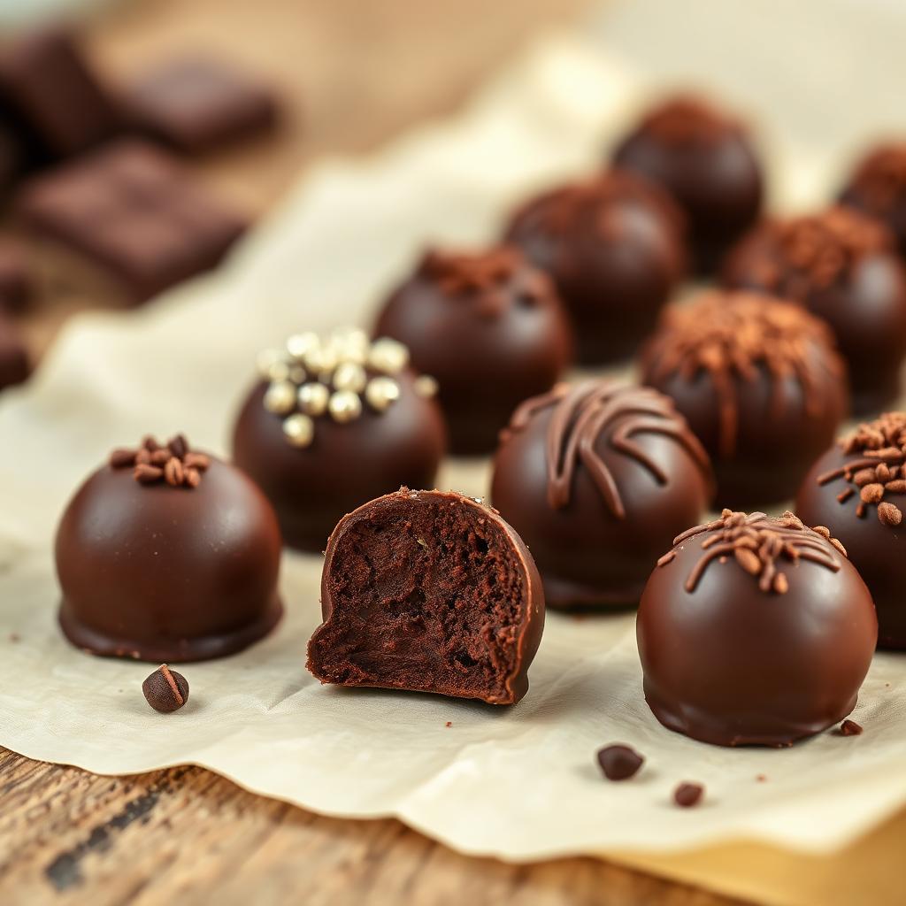 Truffes et bonbons de chocolat noir faits main sur du papier parchemin